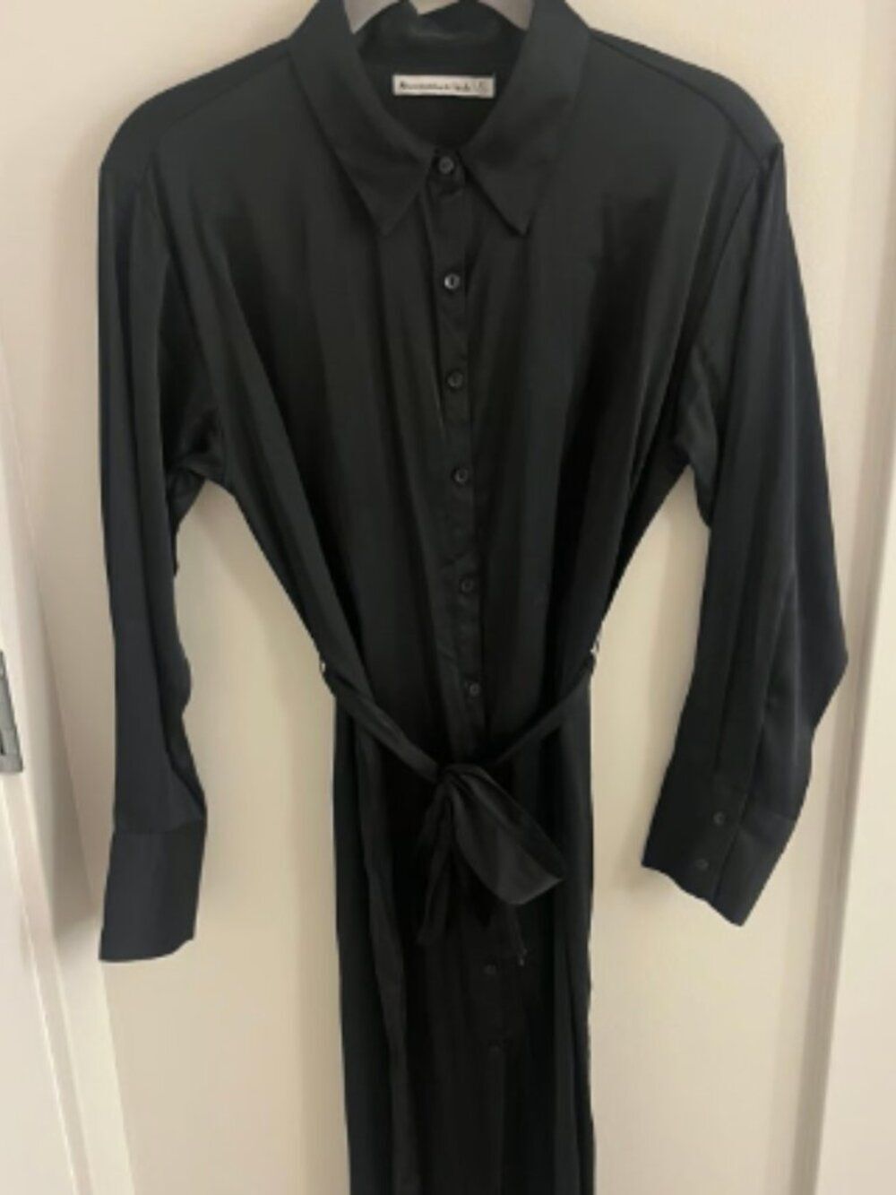 Abercrombie & Fitch Black Satin Long Sleeve Button Down Shirt Dress Midi XSmall